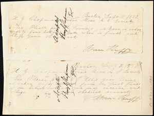 Requests to make payments from Isaac Knapp to Henry Grafton Chapman, Boston, Sept. 11.1838