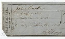 Receipt for payment from John Cocke to D. G. Mayes for taxes, January 17, 1860