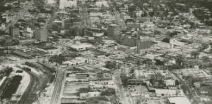 Aerial view of marchers approaching the Capitol in downtown Montgomery, Alabama, at the end of the Selma to Montgomery March.