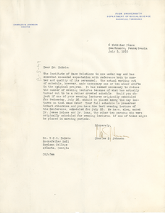 Letter from Charles S. Johnson to W. E. B. Du Bois