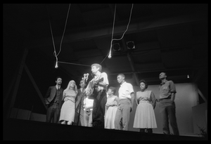 Bob Dylan leading performers on stage, Newport Folk Festival Left to right: Peter Yarrow, Mary Travers, Paul Stookey, Joan Baez, Bob Dylan, Bernice Reagon, Cordell Reagon, Charles Neblett, Rutha Harris, Pete Seeger