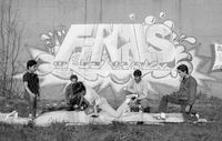 Breakdancers dance in front of Finals graffiti mural, Hartford, 1984