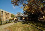 A connecting corridor joins Martin Luther King Jr. Hall, left, to Ethel Buckman Hall, the school of business, at Hampton University, a historically black university in Hampton, Virginia, one of the state's Tidewater-region cities at the place where the James River, Chesapeake Bay, and Atlantic Ocean converge