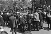 Pallbearers, including T. Y. Rogers, James Bevel, James Orange, and Jesse Jackson, waiting to roll Martin Luther King, Jr.'s casket down the street.