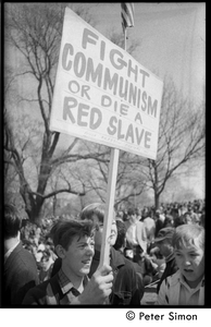 Resistance on the Boston Common: counter-protester (Polish Freedom Fighters Inc.) carrying sign reading 'Fight Communism or die a red slave'