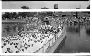 Group on boat; American flags and other banners] [acetate film photonegative