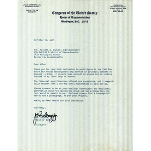 Letter from Congressman John Conyers, Jr. to Reverend Michael E. Haynes accepting his invitation to be the primary speaker for the 1966 New Year's Day Annual Emancipation Day Service in Boston