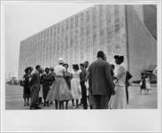 Talking outside the UN Headquarters, New York, NY, 1958