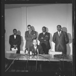 Elijah Muhammad, leader of Muslim Brotherhood, holding press conference in Los Angeles, Calif., 1961