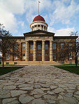 The Old Capitol Building in Springfield, the capital city of Illinois. It is the fifth capitol building built for the U.S. state of Illinois. It was constructed in the Greek Revival style in 1837-1840 and served as the state house from 1840 to 1876. It is the site of presidential candidacy announcements by Abraham Lincoln in 1858 and Barack Obama in 2007. Here, Lincoln tried cases as a lawyer and delivered his famous "House Divided" speech in 1858