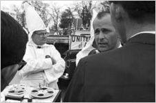 Alabama Grand Dragon James Spears at a Ku Klux Klan rally in Montgomery, Alabama, being interviewed.