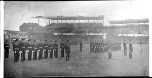 Unformed R.O.T.C. members in drill on field] [acetate film photonegative, banquet camera format.