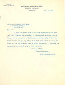 Letter from the United States Census Office to W. E. B. Du Bois