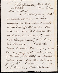 Letter from Samuel May, Jr., Leicester [Mass.], to Robert Folger Wallcut, Frid. Eveg, Mar. 29 / [18]61