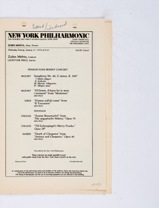 New York Philharmonic Printed Program (Pension Fund Benefit Concert), Jan 31, 1979 at Avery Fisher Hall in Manhattan, NY; Zubin Mehta, conductor.