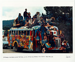 Hog Farmers and friends on the Road Hog. El Rito, 4th of July parade, NM 1968. Wavy's Bus.