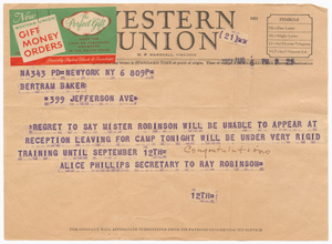 Telegram to Althea Gibson from Ray Robinson