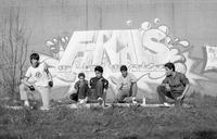 Breakdancers dance in front of Finals graffiti mural, Hartford, 1984