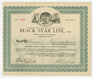 Stock certificate issued by Black Star Line to Percival L. Burrows