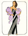 Costume design drawing, showgirl in a black and white evening gown with lavender feather boa, Las Vegas, June 5, 1980