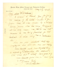 Letter from Prairie View State Normal and Industrial College to W. E. B. Du Bois