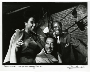 Carroll, Diane, Duke Ellington, and Louis Armstrong; on the set of Paris Blues, Paris, 1960