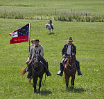 Scene during one of several battle re-enactments, held each American Independence Day Weekend, of the decisive 1863 Battle of Gettysburg in Pennsylvania, which turned the tide of the American Civil War against the Confederacy