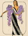 Thumbnail for Costume design drawing, showgirl in a black and white one-shoulder evening gown with a lavender feather boa, Las Vegas, June 5, 1980