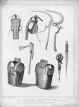 Fig. 1 & 2 Front view and profile of a chanfron, used by the cavalry of Bournou. Fig. 3 & 4 Hand-bills called by the natives Hunga-Mungas, used by the infantry to throw at a retreating enemy. Fig. 5 Battle-axe suspended from the saddle-bow. Fig. 6 & 7 Dagger and its sheath, constantly worn on the left arm by the chiefs. Fig. 8 & 9 Front and back of an iron cuirass, worn by the chiefs of Bournou