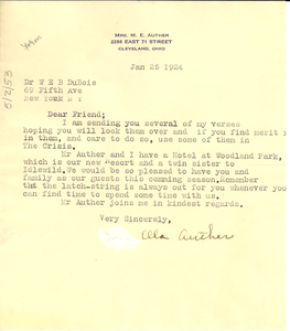 Letter from Ella Arthur to W. E. B. Du Bois