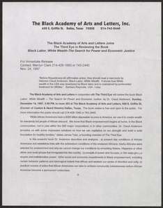 Press release: The Black Academy of Arts and Letters Joins the Third Eye in Reviewing the Book "Black Labor, White Wealth-The Search for Power and Economic Justice"