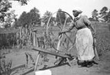 African American woman with a spinning wheel in a dirt yard, probably in Furman, Alabama.