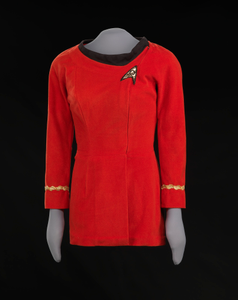 Red Starfleet uniform worn by Nichelle Nichols as Lt. Uhura on Star Trek