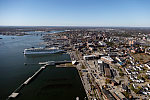 October 2017 aerial view of Portland, Maine, and its harbor. Note the giant cruise ship in port; these vessels typically head north in temperate months, toward and into Canada