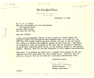 Letter from New York Times to W. E. B. Du Bois