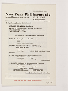 New York Philharmonic Printed Program (Subscription Season), Dec 13, 1959 at Carnegie Hall in Manhattan, NY; Leonard Bernstein, conductor.