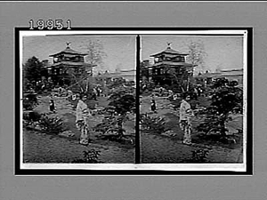 Japan in America--pretty maids in garden before a Japanese teahouse. 5840 Interpositive