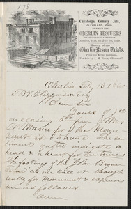 James M. Fitch autograph letter signed to Thomas Wentworth Higginson, Oberlin [Ohio], 13 February 1860