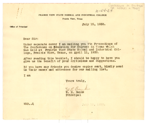 Letter from W. R. Banks to W. E. B. Du Bois