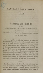 Preliminary report of the operations of the Sanitary Commssion in connection with the engagement in the harbor of Charleston, South Carolina, July 1st to 20th, 1863