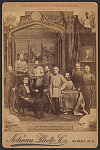 [President Jefferson Davis, seated, surrounded by Confederate commanders from left to right, General John Bell Hood, General A.P. Hill, Major General Jeb Stuart, General Stonewall Jackson, General Robert E. Lee, General James Longstreet, General Joseph Eggleston Johnston and General Pierre Gustave Toutant-Beauregard, in uniforms with swords]