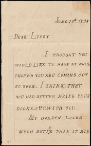 Letter from Emma Forbes Weston, [Weymouth, Mass.], to Elizabeth Bates Chapman Laugel, June 29, 1838