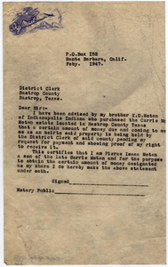 Letter from Pierce Isaac Moten to the Bastrop County District Clerk, February 1947