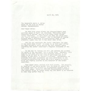 Letter, Mayor Kevin White, April 24, 1973.