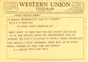 Telegram from Fisk University to W. E. B. Du Bois