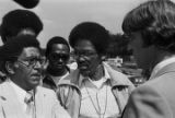 James Lowery and R. B. Cottonreader speaking with a white man in Cullman, Alabama, after marching from Decatur to Cullman, Alabama, to protest the upcoming trial of Tommy Lee Hines.