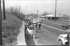 Sanitation workers strike supporters marching in downtown Atlanta, Georgia, March 28, 1970. Photograph is part of a series labeled "Strike march."