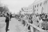 White demonstrators in front of the Industrial Relations Building on Monroe Street in Montgomery, Alabama, protesting an attempt to remove the Confederate flag from the Capitol dome.