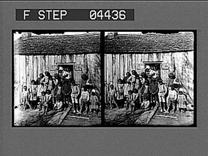 Many African American people outside house : stereoscopic photonegative.