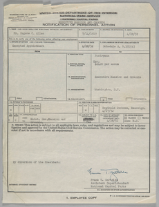 SF 50 Personnel Action for position of Pantryman for Eugene Allen